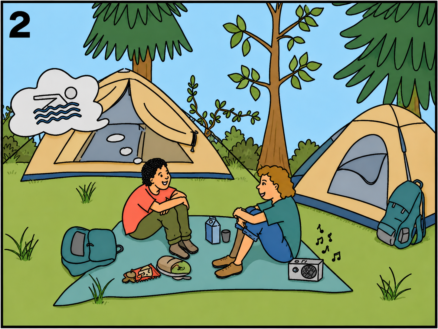 Zwei Kinder sitzen vor Zelten beim Camping und hören Musik.